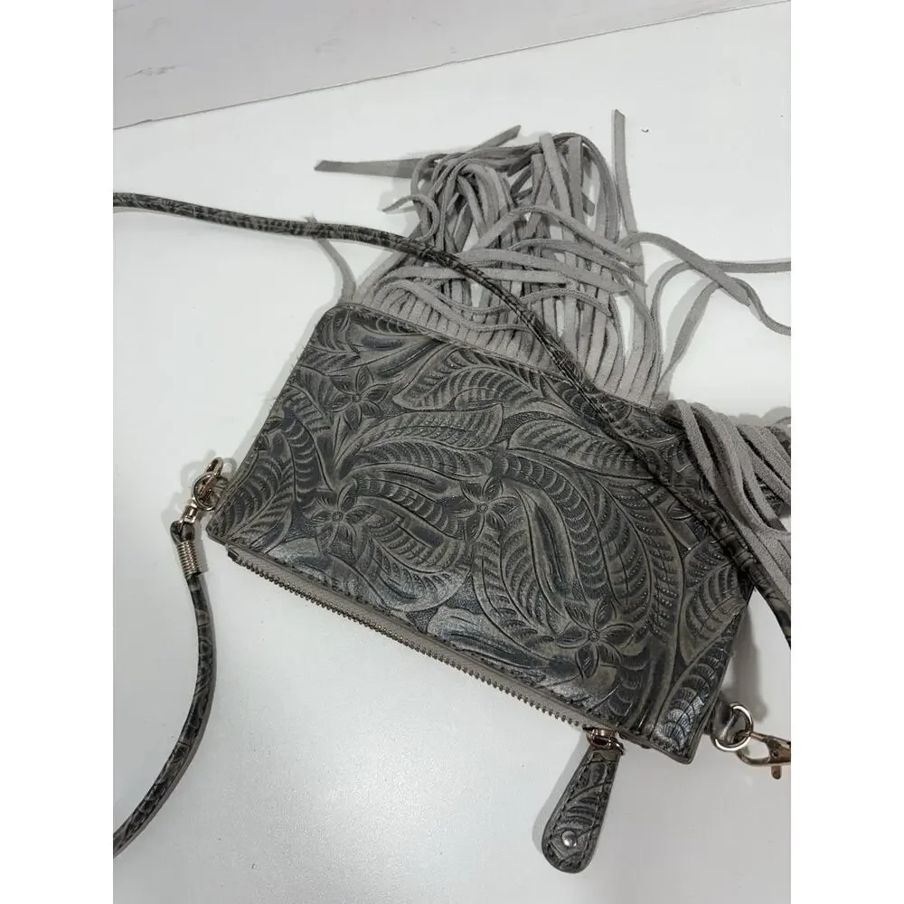 Free People Fringe‎ Boho Western CrossBody Embossed Leather Purse Bag Gray/black